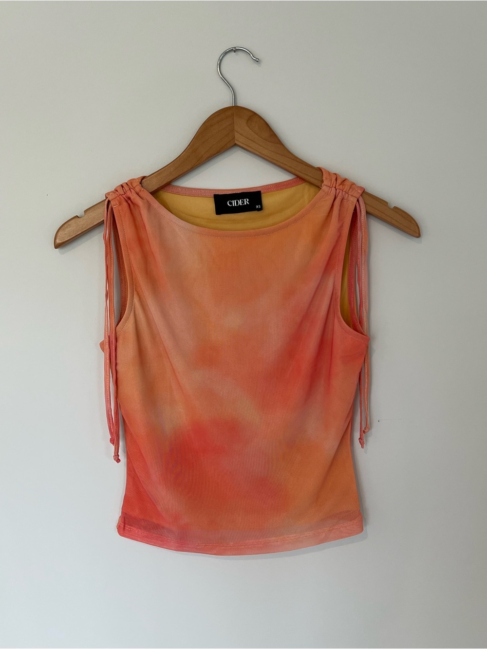 Cider Women's Coral-Orange Tie-Dye Ruched Shoulder Tank